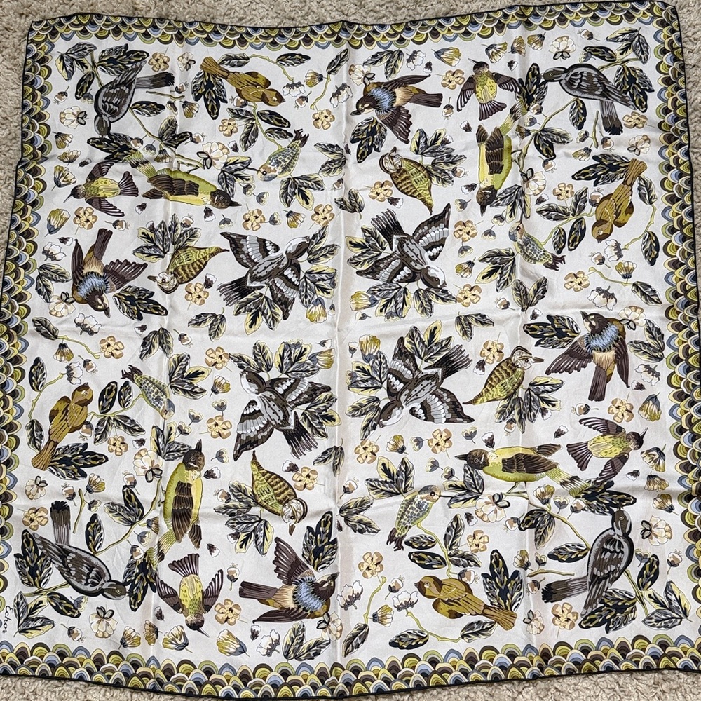 NEW ECHO  35" silk square scarf in cream and green birds nature